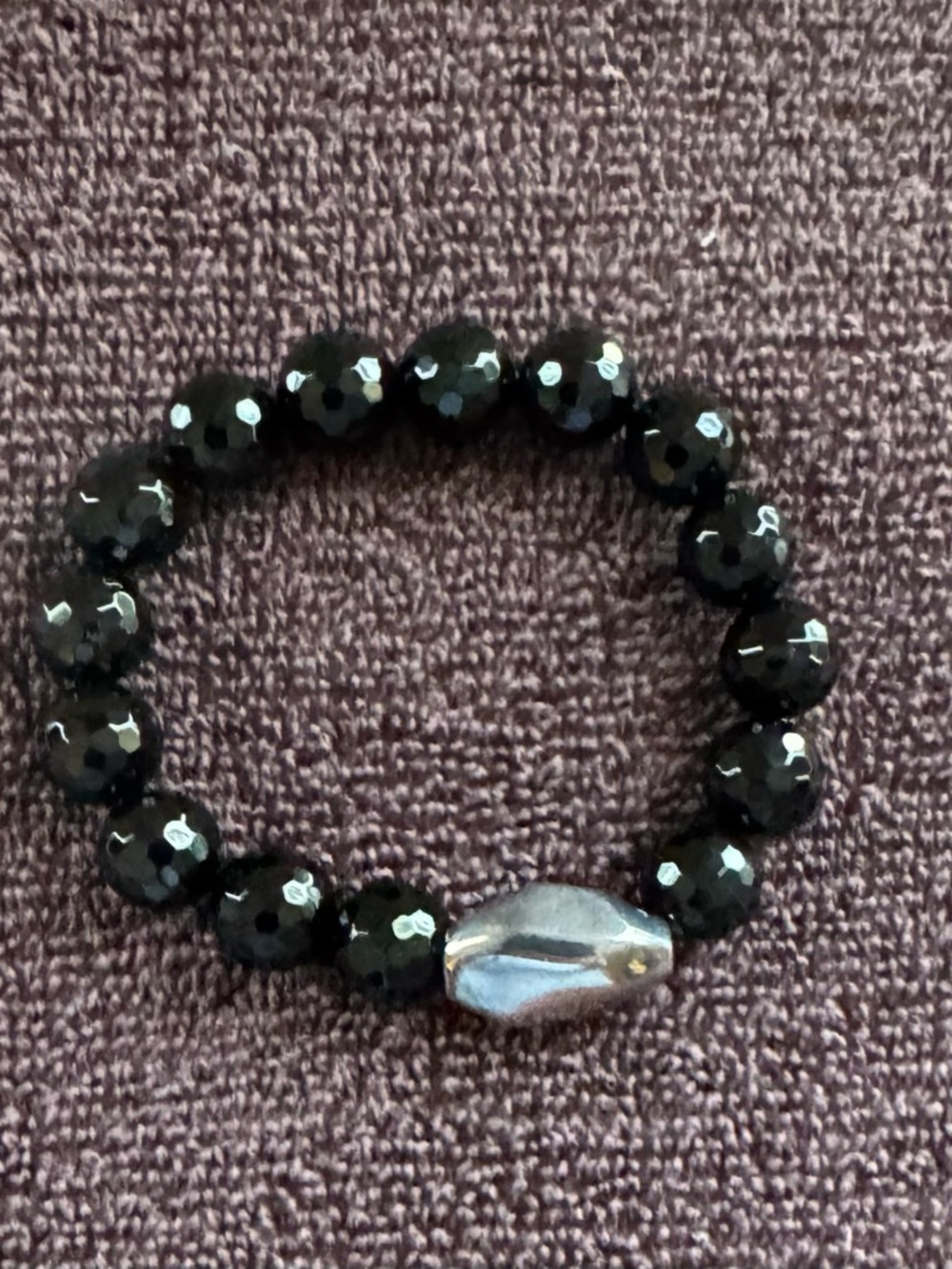 Black Faceted Bead Stretch Bracelet with Silver Accent